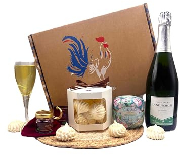 Coffret Cadeau Gourmand avec Champagne Brut AOC 75cl, Thé Blanc Mangue-Pêche-Safran, Meringues au Safran, Produits Artisanaux Français Bio