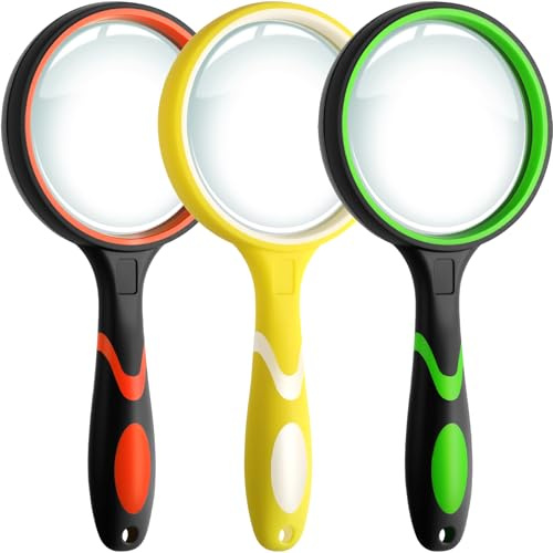 3 Pack Magnifying Glass Handheld Reading Magnifier Glasses | 75mm Shatterproof Thickened Lens, Kids Magnifying Glasses, Non-Slip Soft Rubber, Fit for Nature Observation, Hobbies, Seniors