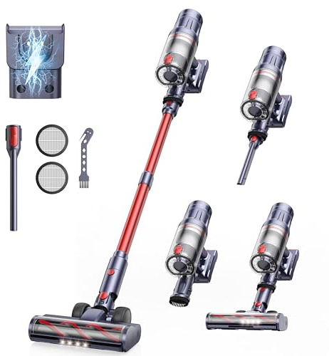 Cordless Stick Vacuum, 65min Run-time Upright Vacuum Cleaner with 50Kpa 600W Hyper Suction, Self-standing Design, 2-in-1 Handheld Vac for Home Pet Hair, Smart Touch Control & Wall-Mount Charge