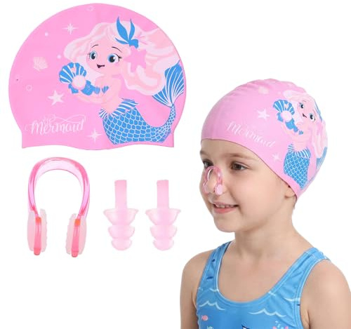 Cuffia nuoto bambina 4-10 anni per capelli lunghi, cuffia silicone sirena cuffia piscina impermeabile anti-caduta, set con pinza nasale e tappi auricolari per mare e piscina