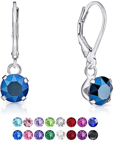 Pendientes Colgantes Plata de Ley 925 con Brillantes de Cristales Azul 6 mm - Joyería Regalo Mujer Plata Ley 925