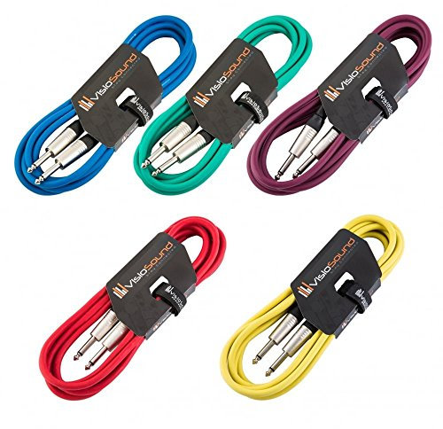VisioSound 5 x Guitar Lead 6.35mm Mono Jack to Jack/Instrument Cable / 6 Colours / 5 Pack 3m Multi-Coloured