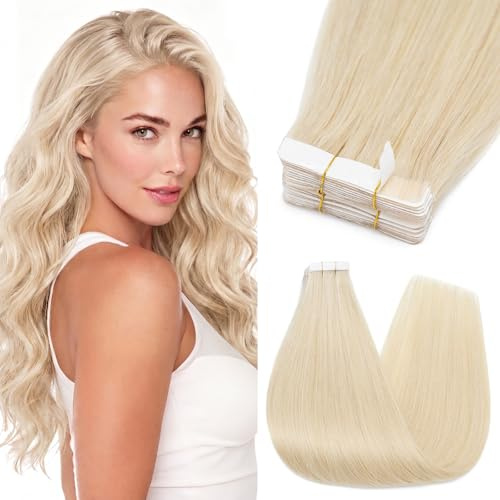 Silk-co 12-24 Tape in Hair Extensions 100% Real Remy Straight Human Hair Extension 10Pcs Straight Skin Weft Seamless (12inch #60 Platinum Blonde)
