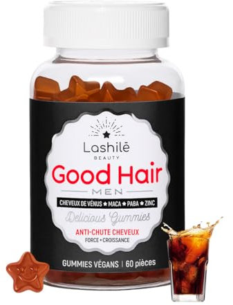 Lashilé Beauty – Good Hair Men – Anticaída y Fortalecimiento Capilar – Crecimiento y Densidad del Cabello – Complemento Alimenticio Vegano – Con Zinc, Maca y Cabello de Venus – 1 Mes (60 Gominolas)