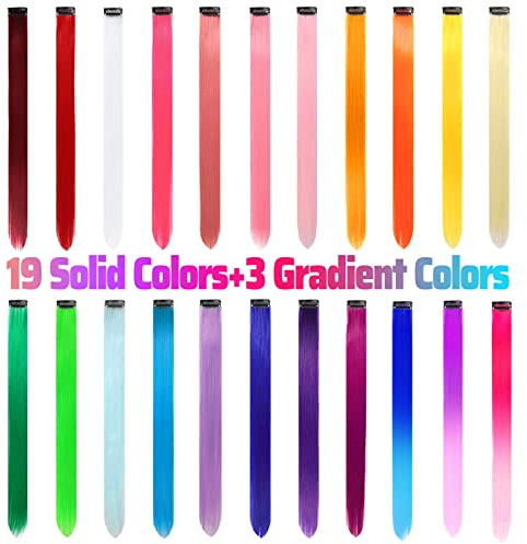 22 PCS Rainbow Colored Hair Extensions Clip In for Girls 22 Inch Colorful Straight Extensions for Party Highlights Accessories Hair Pieces for Women