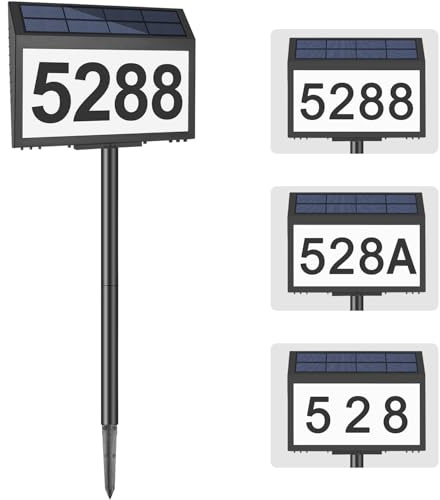 GEAGMAGC Solar House Numbers for Outside Light up, LED Illuminated Home Number Address Sign Plaque Waterproof for Yard, Wall-Mounted or Floor-Plugged- Black, 8.7 × 6.4 inch