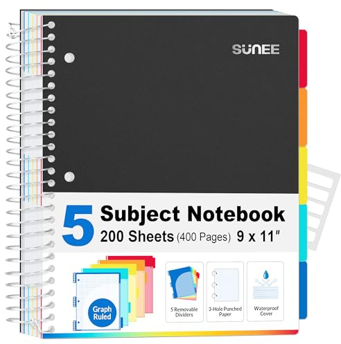 SUNEE 5 Subject Graph Paper Notebook - 400 Pages, 9x11, 4x4 Graph Ruled Notebook, 5 Pocket Colored Dividers, 3-Hole Punched Paper, Black