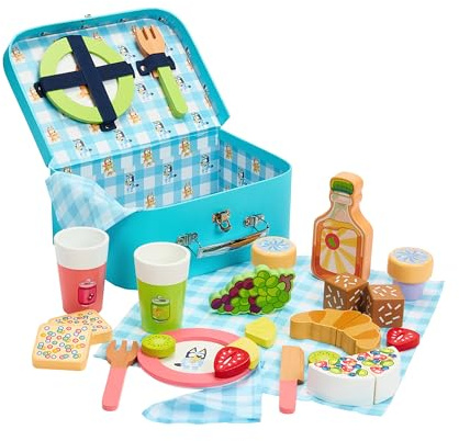 8th Wonder Wooden Bluey Toys Picnic Carrying Case, 30-Piece Picnic Basket Toy with Cutlery and Food Accessories, Outdoor Food Toys for Kids of Ages 3+