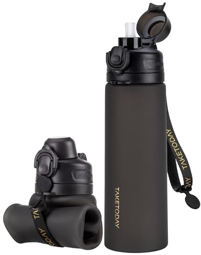 TakeToday Collapsible Water Bottles 21oz (600mL), Foldable Platinum Silicone Travel Water Bottle with Straw & Carry Strap, Leak-Resistant Screw Lid, Wide Mouth, BPA-Free for Hiking, Camping, Travel