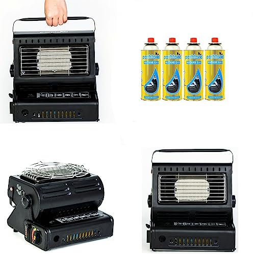 Top Home Solutions 2 in 1 Portable Gas Heater - Outdoor Camping Fishing Butane Gas - Patio Hiking Metal Home Safety Grill with Carry Handle with 4 Butane Gas Bottles