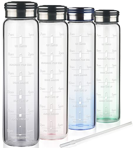 Cleesmil Trinkflasche Glas 1l, Motivierende Wasserflasche mit Strohhalm & Zeitmarkierungen, 1 Liter Glasflasche mit Neoprenhülle, Kohlensäure Geeignet