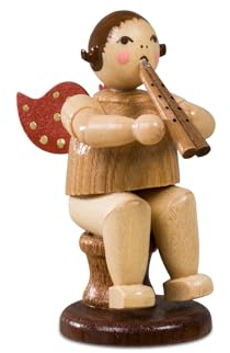 Rudolphs Schatzkiste Engel sitzend mit Doppelflöte mit Krone Natur Höhe ca. 6cm NEU Holzengel Holzfigur Weihnachtsengel