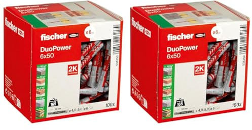 fischer DUOPOWER 6 x 50, Universaldübel, leistungsstarker 2-Komponenten-Dübel, Kunststoffdübel zur Befestigung in Beton, Ziegeln, Stein, Gipskarton UVM., ohne Schrauben, 100 Stück (Packung mit 2)