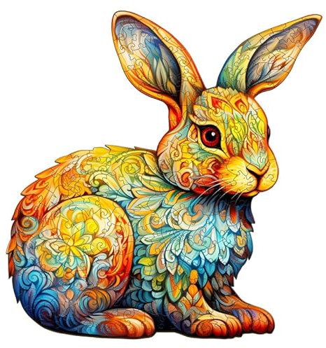 Tulolvae Holzpuzzle Erwachsene Buntes Kaninchen 90 Teile Einzigartig Tiere Holzpuzzle, Puzzle Holz Kreative Geschenke Für Die Familienspiel Sammlung, Holzpuzzle für Erwachsene, 8.1 * 8.4in