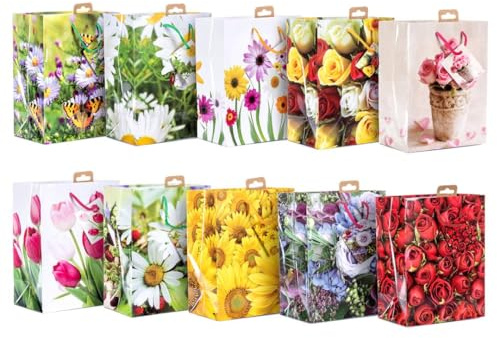 Laro Medium Premium-Line Geschenktaschen Geschenktüten 10-100 Stk Medium Blumen, Anzahl:10, Muster Tüten:Medium Blumen
