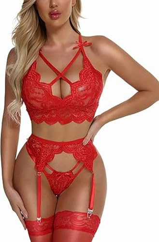 Satohom Halloween Women’s Sexy Lingerie Sets Babydolls Bodysuit Underwear with Garter Belt 3 Piece Floral Lace Bra and G-String Thong Teddy Nightwear for women Sleepwear Negligees for Nightclub Party