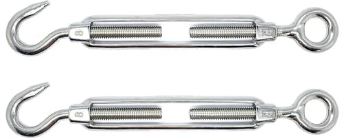 M20 x 300mm Eye & Hook Turnbuckles Wire Tensioner Strainer Open Closed Hook Threaded Hook A4 Marine Grade Stainless Steel (Pack of 2)