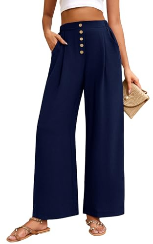 heekpek Pantalon Large pour Femmes Pantalon Fluide Pantalon de Détente Léger pour Femmes Pantalon d'été Palazzo à Taille Haute avec Boutons Pantalon Causal à Taille élastiquée, Bleu Marine, L