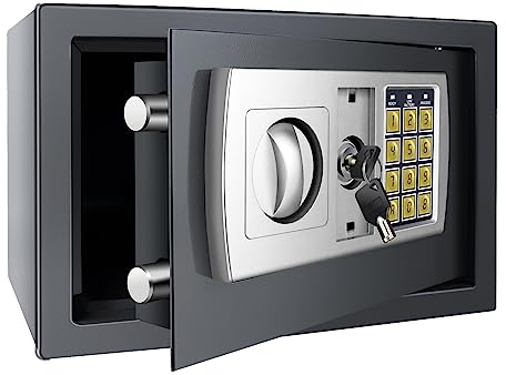 Tresor Feuerfest Wasserdicht Möbeltresor mit Zahlenschloss und 2 Schlüssel Eisenstahl Safe Wandtresor zum Einmauern für Zuhause, Büro, Schule, Hotel 31x20x20cm 8.5L Grau