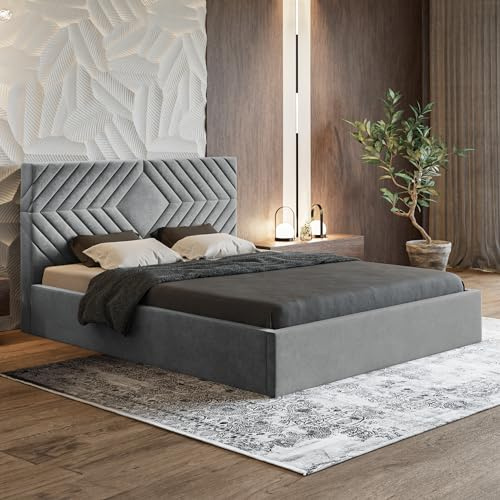 MOTIVENA Eva Bett 180x200 Grau Samt, mit Stauraum, mit Kopfteil, mit Lattenrost, ohne Füße, ohne Matratze, Polsterbett 180x200 mit Bettkasten Grau (Hellgrau)