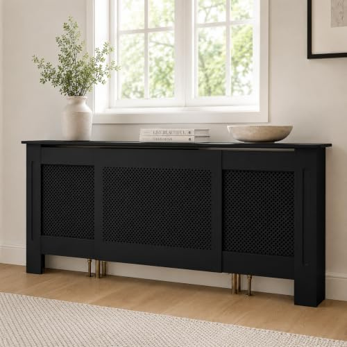 Jack Stonehouse Extra Large Radiator Cover Black Paint - Over Radiator Shelf Clip On With Diamond Slats - Sturdy MDF Wooden Radiator Covers For Bedroom Or Living Room Furniture - Slim Radiator Cover