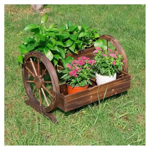 Hölzerne Erhöhte Dreirad Pflanzgefäße, Holz Wagon Planter Box Gartenpflanze Mit Rädern Dekorative Blumenpflanze Im Innen- Und Außenbereich Blumenwagen Für Patio Garten Balkon(70x48x50cm)