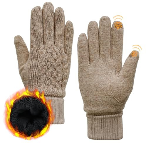 ACUSHLA-Handschuhe aus Merinowolle für Männer und Frauen – Fleecegefütterte, schwere, warme Touchscreen-Handschuhe für kaltes Wetter im Winter, weiche, thermische Strickhandschuhe Khaki M