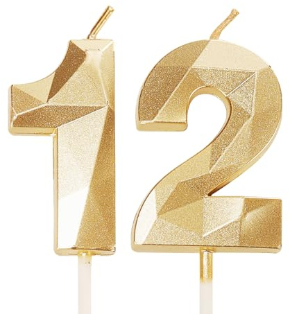 Geburtstagskerzen Zahlen 12 Jahre, 5cm Geburtstag Kerzen, 3D Zahl Gold Kerzen 12. Geburtstag Frauen und Männlich Tortendeko für Geburtstag Party, Hochzeiten, Firmenfeiern, Jubiläen