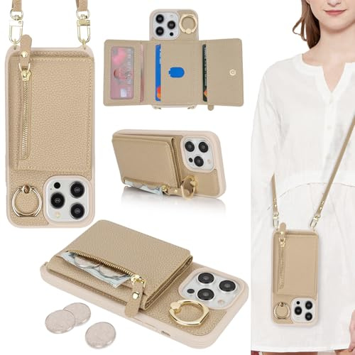 ELTEKER Handyhülle für iPhone 14 Pro Hülle mit Band Kartenfach Ringhalterung Geldbörse,Leder Klapphülle Umhängetasche Handytasche für iPhone 14 Pro - beige
