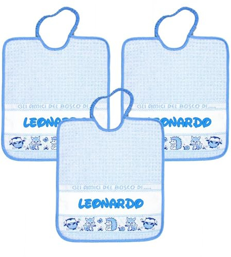 Bubabù 3 bavaglinIi personalizzati con nome BOSCO spugna con elastico cm.28x33 - Cotone 100% Made in Italy (AZZURRO)