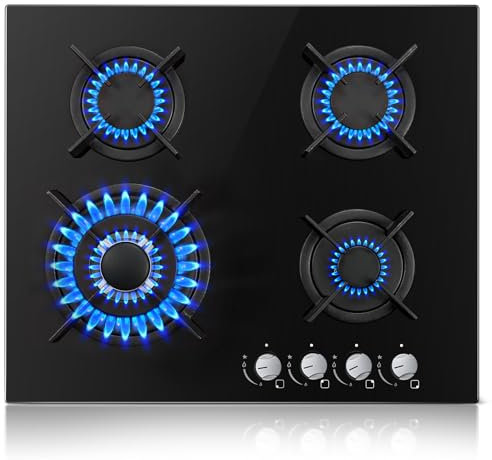 TopStrong 4 Burner Black Glass Gas Hob with Wok Burner, 60cm Cooker, Flame Out Protection, 8060W Gas Cooktop, NG/LPG Convertible