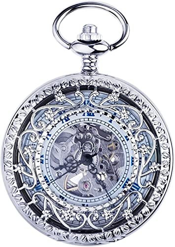 YUBAOLI Taschenuhr, Quarz-Taschenuhr, automatische mechanische Taschenuhr, Retro-Klappdeckel, Gravur, Hohle Klassische Taschenuhren(Silver)