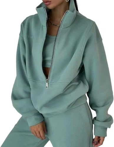 LLECDASEUI Womens Full Set Lounge Wear Sets 2 Piece Outfits Ladies Fleece Tracksuits Comfort Long Sleeve Activewear Zip Coat Tops Trousers Fashion Casual Thermal Autumn Winter Tracksuit (Green,L)