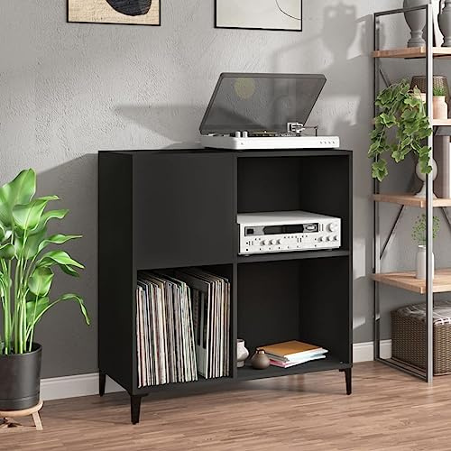 Prissent Meuble Porte-disques Noir en Bois Multicouche 84,5 x 38 x 89 cm - Étagère CD Vinyle Multifonction, Buffet, Meuble TV pour Salon