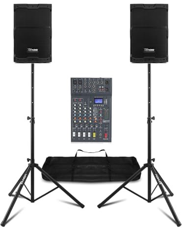 PDY210A Professional PA System with PD220B Dual Wireless Headset Microphone & Wireless Lapel Microphone – 400W Bluetooth Active Speakers, 6-Channel Mixer, UHF Receiver, Tripod Stands & Cables