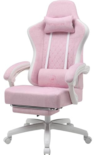 GTPLAYER Fabric Gaming Chair with Footrest, Ergonomic Computer Desk Chair with Pocket Spring Cushion Home Office High Back Support Lumbar Support Heavy Duty Wide, Pink White