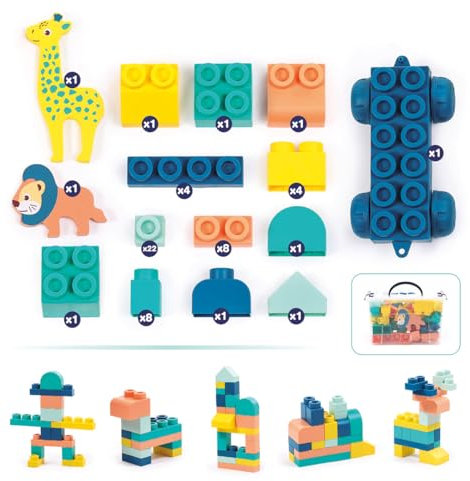 LUDI - Briqui, Mes Premières Constructions - Jeu de Briques Souples - 53 pièces - Jouet Éducatif pour Motricité et Imagination - Valisette de Rangement Incluse - Dès 12 Mois