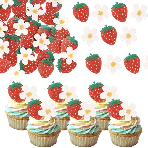 60 Pack Edible Strawberry Cupcake Toppers Strawberry Flower Birthday Cake Decorations Edible Berry Strawberry Bridal Engagement Cupcake Picks for Baby Shower Wedding Anniversary Party Supplies