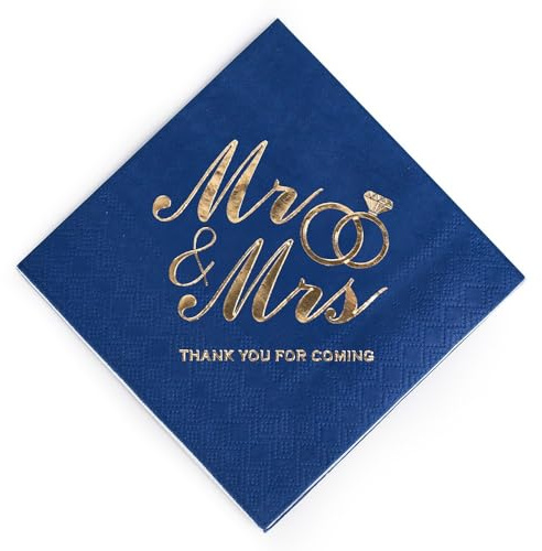 Whakano 100 Stück Deko Servietten Mr.& Mrs,Hochzeitsservietten 3-Lagig,Papierservietten 12,7x12,7 cm,Papier Napkins,Einweg Servietten für Hochzeit Zeremonie,Hochzeitsfeier,Jubiläum,Blau