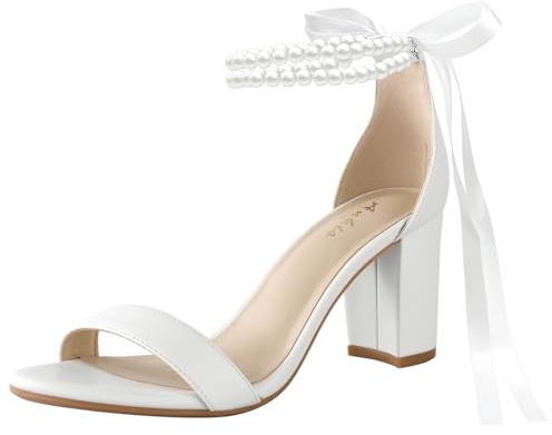 Ankis White Heels Wedding Shoes for Bride Women Chunky Heels Pearl Bow Heeled Sandals 2.75 Inch