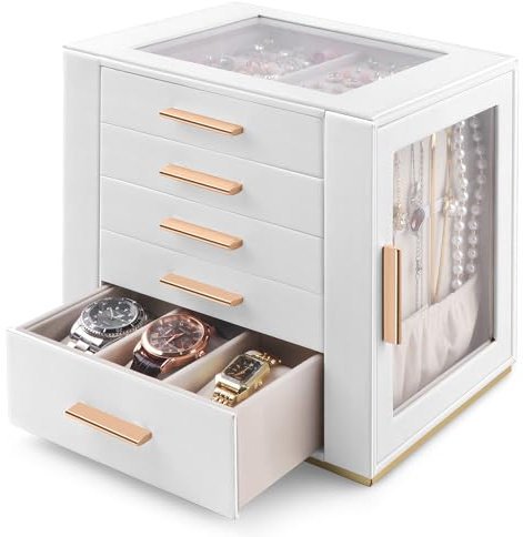 Homeanda Grande scatola organizer per gioielli da donna, custodia a 2 strati in pelle PU per anelli, orecchini, collane, bracciali, orologi e accessori per capelli (bianco)