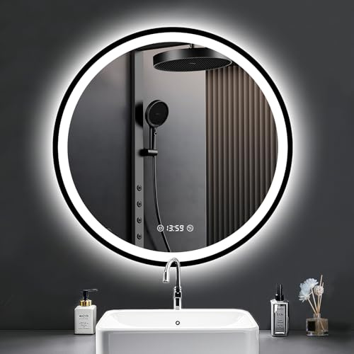 PESENXAN LED Spiegel mit Uhr - 60cm Runder Spiegel mit Beleuchtung Antibeschlag, Dimmbar, 3 Lichtfarben, Energiesparend mit Touch-Schalter & Speicherfunktion - Schwarz