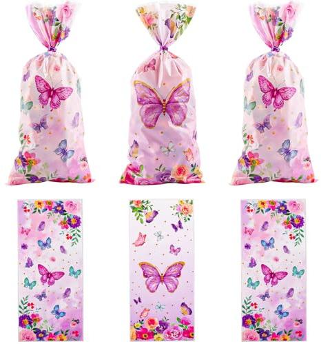 50 sacchetti in cellophane per dolcetti con fiori e farfalle, sacchetti regalo per caramelle, biscotti, 12,7 x 25,7 cm, con laccetti intrecciati, per snack, panetteria, compleanni, feste di nozze