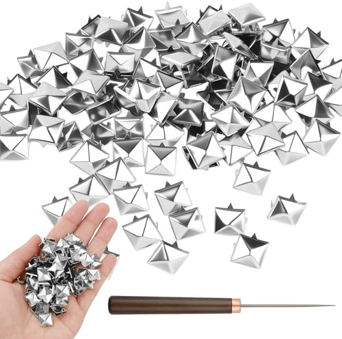 100PCS 10mm Square Pyramid Studs for Clothing, Silver Metal Studs and Spikes Kit Four-Jaw for Punk Rock/Leather Craft Jackets, Bags, Shoes, Belts with Wooden Handle Awl Tool