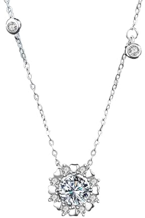 Tolldek Weißgold Au750 18K Damen Halskette Modeschmuck, Anhänger Damenkette Sonneblumen mit Moissanit Rundschliff Weiß, Kette Frauen Gold 750 Echte Goldschmuck, 40+5