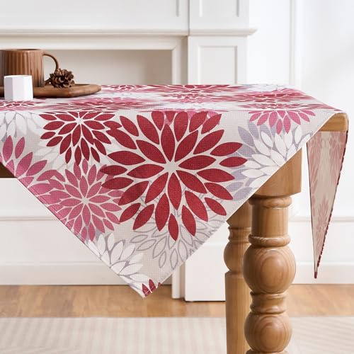 Rot Tischwäsche Dahlie Wasserdicht Farmhouse Tischdecke Baumwolle Frühling Sommer Tischdecke Abwaschbar Kitchen Decoration Drinnen Party Table Cloth Outdoor Deco 100 x 100 cm