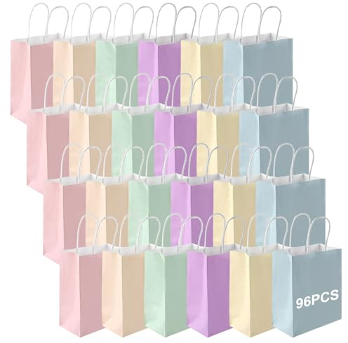 LDXDRU 96 Stück Papiertüten mit Henkel, 6 Farben 12x6x15CM Bunt Papiertüten Geschenktüten aus Kraftpapier Mitgebseltüten Candy Tüten für Geburtstag, Hochzeiten, Weihnachten Partys, Feiern