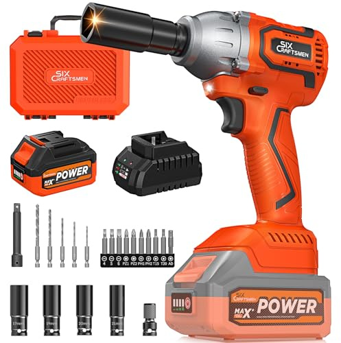 SIX CRAFTSMEN 500N.m Llave de Impacto Inalámbrica Brushless 1/2,21V Atornillador de Impacto, Pistola de Impacto con Batería 4.0Ah, Velocidad Variable, para Bricolaje, Muebles y Automóviles ligeros