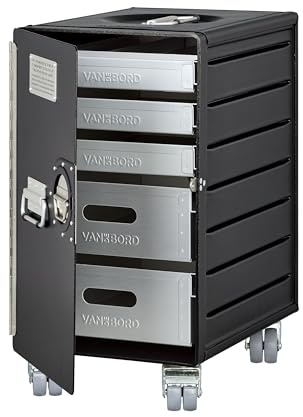 VanDeBord Rollcontainer mit Schubladen, mobiler Aktenschrank, Metallschrank, Schubladenschrank Küche, Druckertisch mit Rollen, vormontiert, 53,5 x 29,5 x 40,7, Bord Box XL, Schwarz, Büro