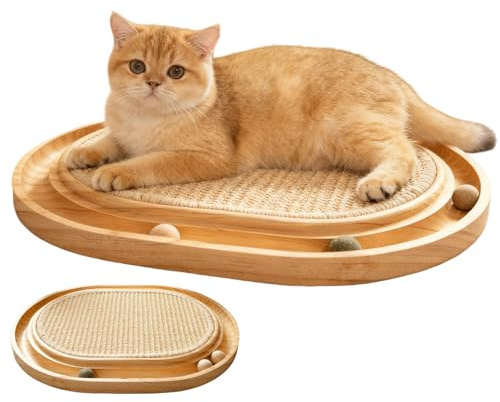 Sisal Kratzbrett Katzen, 43x33x3cm Wiederverwendbares Kratzmatte, 2-in-1 Kratzmatte Spielzeug : Massives Kiefernholz & Natürliche Sisal Pad & Katzenminzekugeln, Für Alle Katzen Spielen, Entspannen
